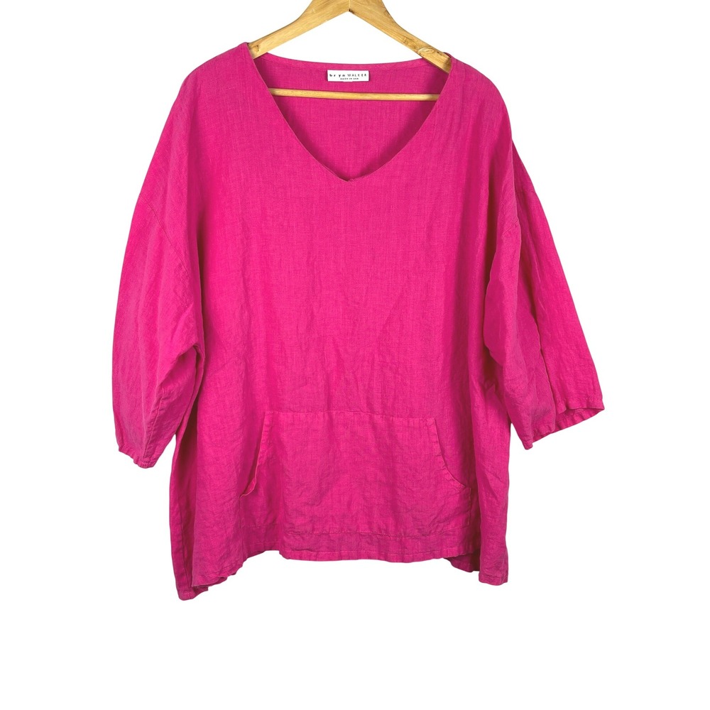 Bryn Walker Women 1X Linen Tunic Pink V-Neck Oversize USA Lagenlook Breathable
